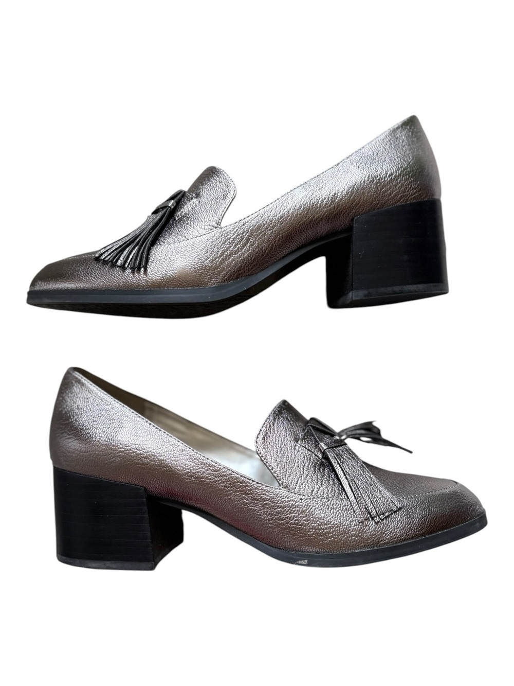Marc Fisher Metallic Taupe Leather Tassel Loafer Pumps Low Block Heel | Women's